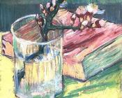 文森特 威廉 梵高 : 玻璃杯中盛开的杏花和一本书